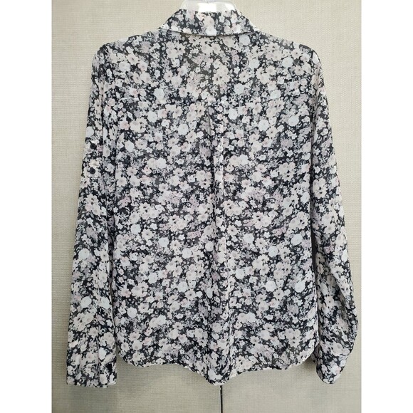 Express Portofino Disty Floral Print Semi-Sheer Roll-Tab Sleeve Button-Up Top M - Picture 4 of 5